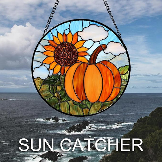 Stained Glass Window Hanging Fall Farm Scenery Sunflower Pumpkin 7.8" - Suncatcher Door Garden Kitchen Sunroom Sun Catcher Home Decor Birthday for Mom Grandma Men Woman