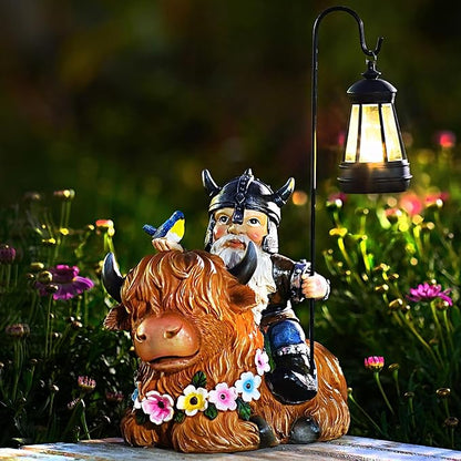 Garden Gnome Outdoor Statue 12 Inch Highland Cow Gnomes Decorations for Yard Patio Lawn Porch Birthday for Women, Mother’s Day, Housewarming with Solar Light Funny Decor for Outside