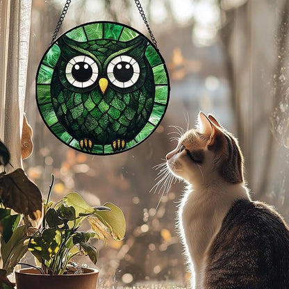 Stained Glass Window Hanging - Green Owl Suncatcher for Doors Garden Patio Funny Bird Sun Catchers Decor Christmas Mother's Day Birthday Teenager Gifts for Women Men Mom Nana Friend 11.8 in