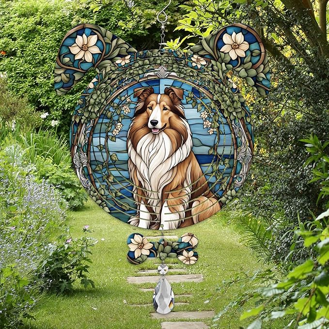Rough Collie Dog Ears Wind Spinner, Rough Collie Wind Spinner Hanging for Yard and Garden V02