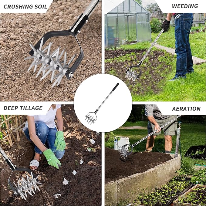 Rotary Garden Tool, Adjustable Hand Tiller, Long Handle Cultivator for Aerating, Weeding, Planting and Mixing Soil or Reseeding Grass