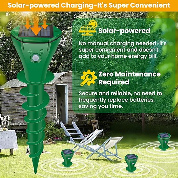 Mole Repellent Solar Powered Ultrasonic,6 Pack Gopher Repellent Outdoor for Lawn Garden Yard,Waterproof Mole Killer Traps,Sonic Spikes Get Rid of All Pests Gopher Vole Groundhog Chipmunk Snake-Green