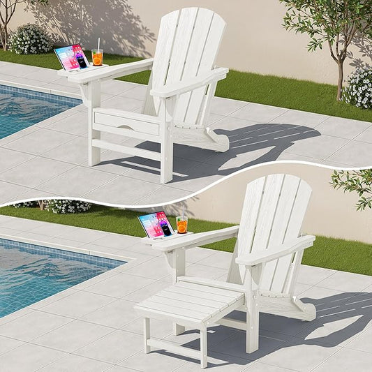 KINGYES Adjustable Folding Adirondack Chair with Footrest & 4-in-1 Multi-Functional Armrest Organizer, HDPE Foldable Reclining Adirondack Chair with Pull-Out Ottoman, White