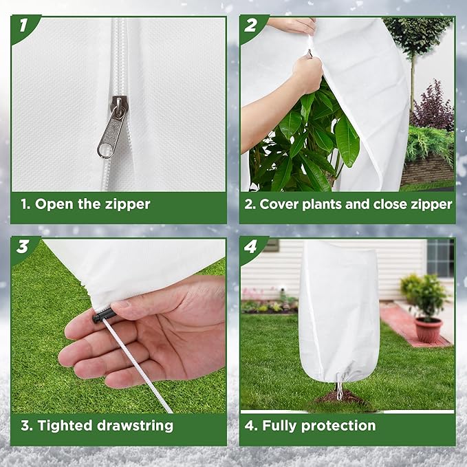 IPOW 4PCS Plant Covers Freeze Protection 47.3'' x 70.9", 3.17oz/yd² Thicken Plants Cover for Winter, Reusable Tree Frost Protection Covers Drawstring Bag with Zipper for Cold Winter Plants Protection