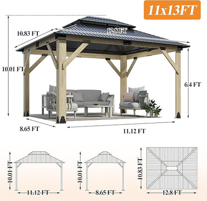 GARTOO 11’x13’ Outdoor Wooden Gazebo - Patio Galvanized Steel Gazebo with Double Vented Roof, Heavy-Duty Wooden Gazebos for Garden, Lawn, Poolside, Backyard Deck