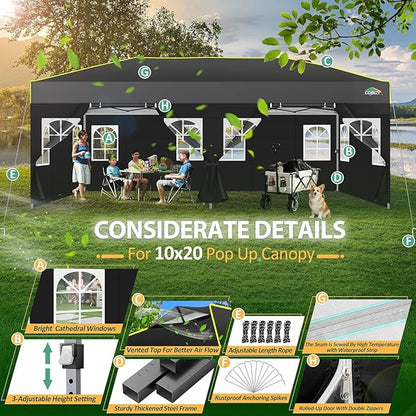 COBIZI 10x20 Pop Up Canopy with 6 Sidewalls One Push Setup Outdoor Event Shelter Waterproof UPF 50+ Gazebo Tent with Carry Bag,Air Vent,Sandbag for Wedding, Commercial, Party,Black