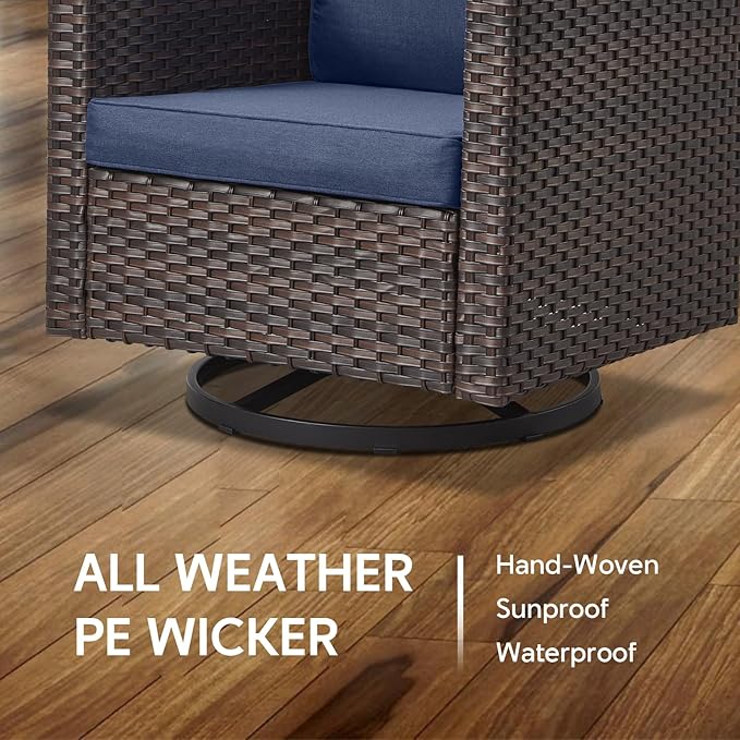 7 Piece Wicker Patio Furniture with Fire Pit Table - Outdoor Conversation Set with 50,000 BTU Fire Pit, All Weather Rattan Patio Set for Deck Backyard Garden - Brown Wicker Blue Cushion
