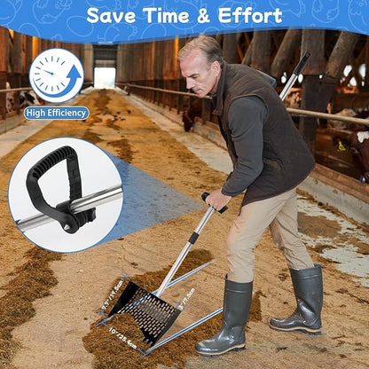 FHTONGE Heavy Large 2-in-1 Chicken Poop Scoop and Rake with Grip, Adjustable 5 Lenghts 22-74" Metal Chicken Coop Scooper for Sand Hay Bedding Litter, Sifting Shovel for Farm Livestock Poultry Garden