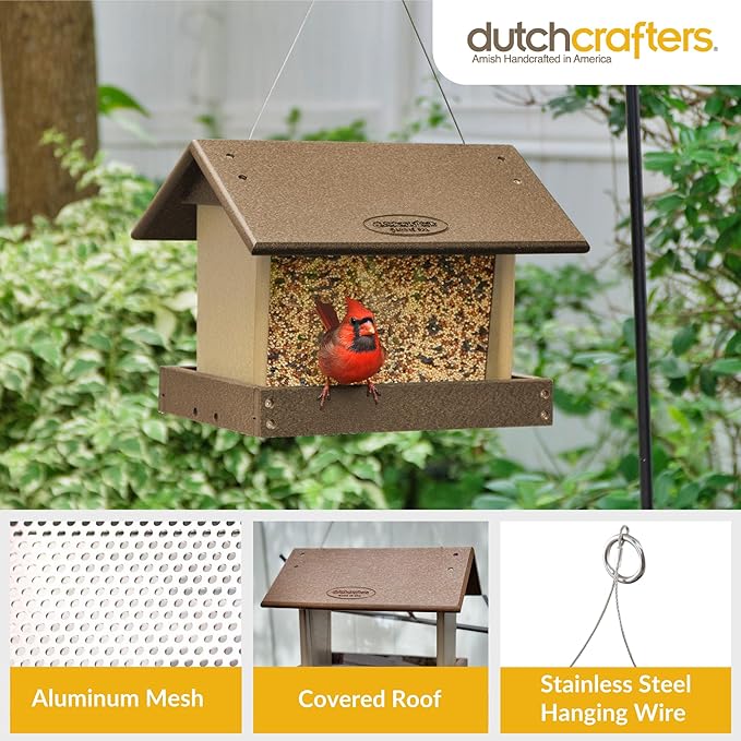 DutchCrafters Poly Hanging Hopper Bird Feeder, Large Hanging Bird Feeder for Outside, Outdoors - Amish American Made (Tudor Brown & Weatherwood)