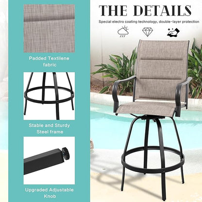 Vongrasig 2 Piece Outdoor Patio Swivel Bar Chairs, All Weather Padded Sling Textile High Top Bar Stools, Bistro Set for Backyard, Lawn Garden, Balcony, Gray