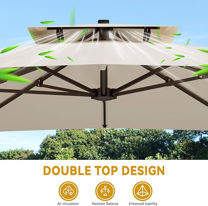 10x13 FT Cantilever Patio Umbrella with Base Included Double Top Outdoor Rectangular Large Heavy Duty Aluminum Offset Umbrellas with 7 Level Tilt 360-degree Rotation for Pool Garden Deck, Beige