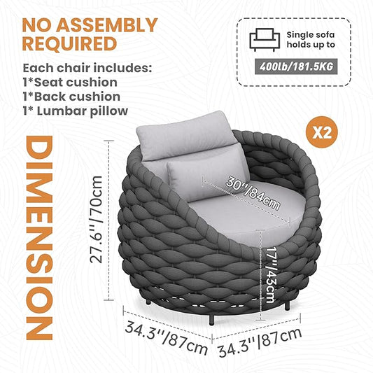 2 Pcs Woven Rope Outdoor Chair: Aluminum Patio Accent Chair with Arms - Assembled Cushioned Lounge Chair For 400lbs - Morden Porch Furniture Seating for Deck Balcony Garden Backyard Hotel Resort