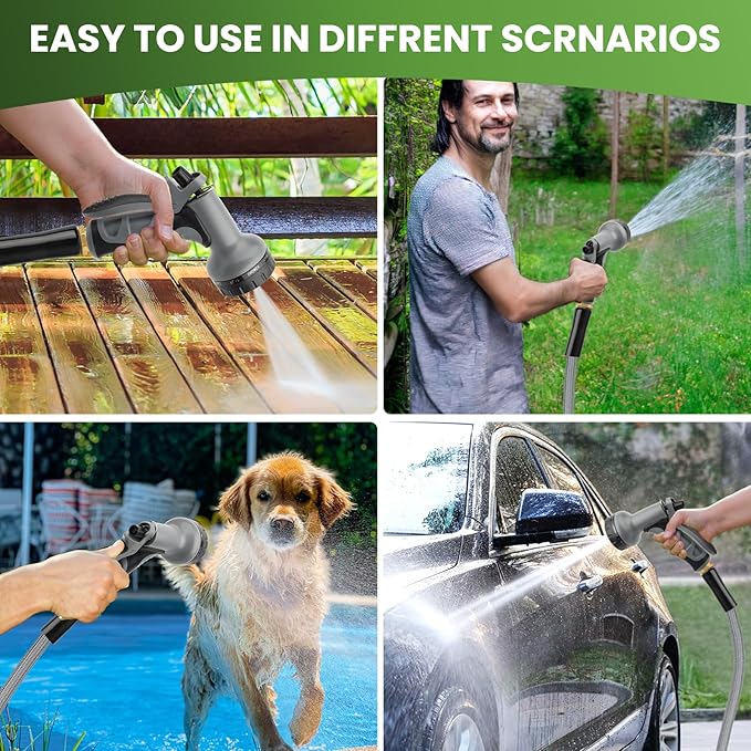 KLABB 100FT Garden Hose 5/8" with Solid Brass Connectors & 10-Function Nozzle, Lightweight Flexible PET Steel Hose with Adjustable Straps, No-Kink, Rustproof & Leak-Free for Garden & Outdoor Cleaning