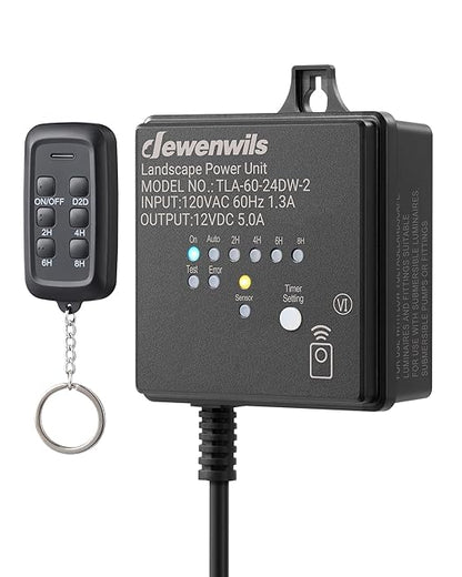 DEWENWILS 60W Low Voltage Landscape Transformer with Remote Control, 120V AC to 12V DC, Dusk to Dawn & Timer, Outdoor Low Voltage Transformer for Spotlight, Garden Light, Pathway Light, FCC Listed