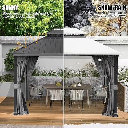 Domi 12’ X 16’ Hardtop Gazebo Canopy with Netting & Curtains, Outdoor Metal Gazebo with Galvanized Steel Double Roof for Patio Lawn and Garden, Gray