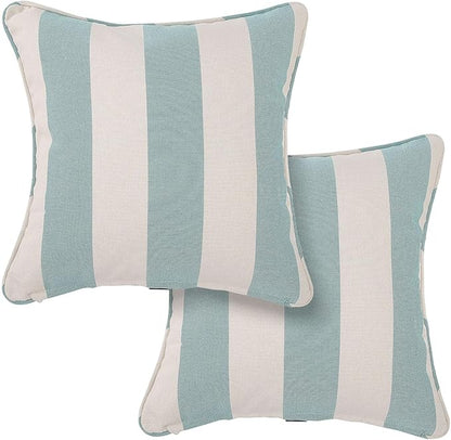 Outdoor Throw Pillow with Insert 18x18 Inch, Set of 2, Piping Edge Waterproof Fade Resistant Decorative Fluffy Pillows for Patio Furniture Chair Bench Couch Sofa - Teal Ivory Striped