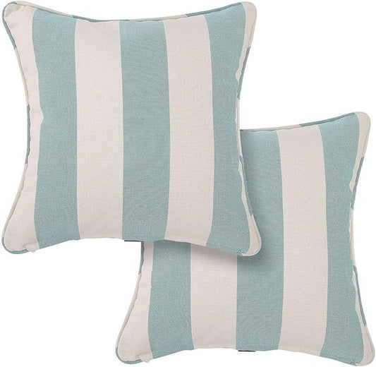 Outdoor Throw Pillow with Insert 18x18 Inch, Set of 2, Piping Edge Waterproof Fade Resistant Decorative Fluffy Pillows for Patio Furniture Chair Bench Couch Sofa - Teal Ivory Striped