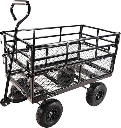 Heavy Duty Garden Wagon with Foldable Sides, Pneumatic Tires, Adjustable Handle (Black Double Layer)