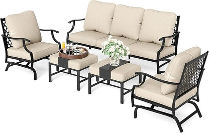 HERA'S HOUSE 5 Pieces Patio Furniture Set, 2 x Cushioned Rocking Chair, 2 x Ottoman, 1 x 3-Seat Sofa, All Cushioned 7 Seats Outdoor Conversation Set for Lawn Garden Backyard