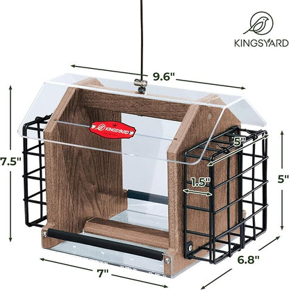 Kingsyard Hopper Bird Feeder for Outdoors Hanging, Recycled Plastic Double Suet Feeder with Clear View Windows, 3 LBS Seed, Cardinal Woodpecker Bluebird Feeder, Brown