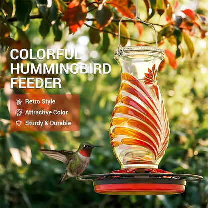 Hummingbird Feeder for Outdoors, 24oz Glass Nectar Feeder with Perch & 5 Flower Feeding Ports, Leakproof Hanging Bird Feeder for Garden Yard Decor, Outside Gifts for Women & Mom, Ruby Red