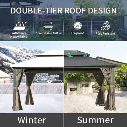 Domi 12' x 14' Hardtop Gazebo Outdoor Metal Gazebo with Galvanized Steel Double Roof Canopy, Curtains and Netting for Patio, Backyard, Deck, Lawn, Grey