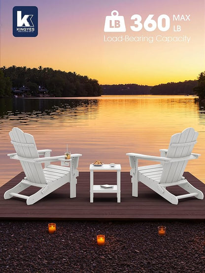 KINGYES Folding Adirondack Chair Set of 8, HDPE All-Weather Patio Chairs with Cup Holder, Wooden Textured Fire Pit Chairs for Poolside, Backyard, Deck, White