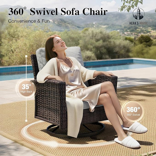 HERA'S HOUSE Grey Patio Furniture Set, High Back Wicker Sofa, Swivel Chairs with 5.5" Thick Cushions, 6-Piece Outdoor Seating Conversation Sets with Fire Pit Table & Ottomans for Deck Yard Garden