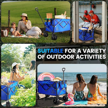 Wagon Cart Shopping Foldable Folding Collapsible with Wheels Big On Beach Garden Outdoor Grocery Heavy Duty Utility All Terrain Portable Wagons Carts for Groceries Sand Camping Sports Blue