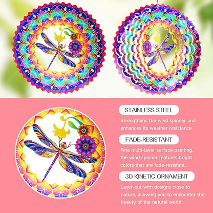 Dragonfly Mandala Wind Spinners Garden Yard Decor Gift for Women Men, 12 Inch Outdoor Metal 3D Wind Spinner, Stainless Steel Hanging Wind Catchers Kinetic Sculpture for Outside Decoration