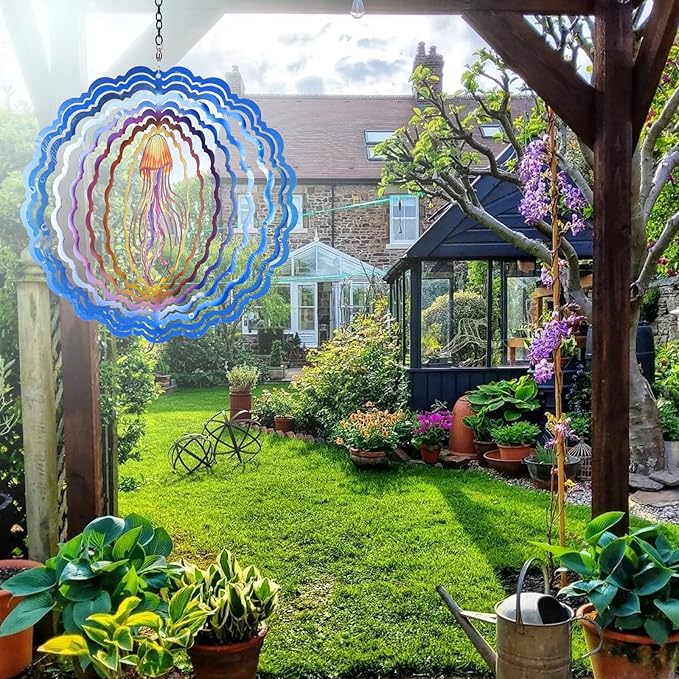 Jellyfish Wind Spinners, 12 inch 3D Stainless Steel Hanging Wind Spinner, Kinetic Sculpture, Blue, Marine Life, Garden Decor