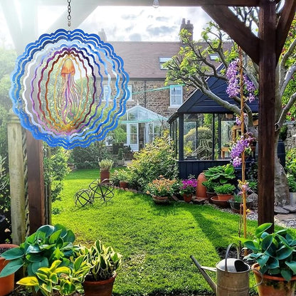 Jellyfish Wind Spinners, 12 inch 3D Stainless Steel Hanging Wind Spinner, Kinetic Sculpture, Blue, Marine Life, Garden Decor