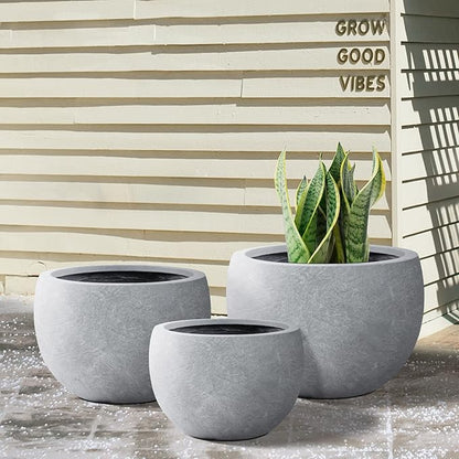 Kante 19.9",15.7",11.8" Dia Round Concrete Planter Set of 3, Outdoor/Indoor Large Bowl Plant Pots with Drainage Hole and Rubber Plug for Garden Patio Balcony Home, Slate Gray