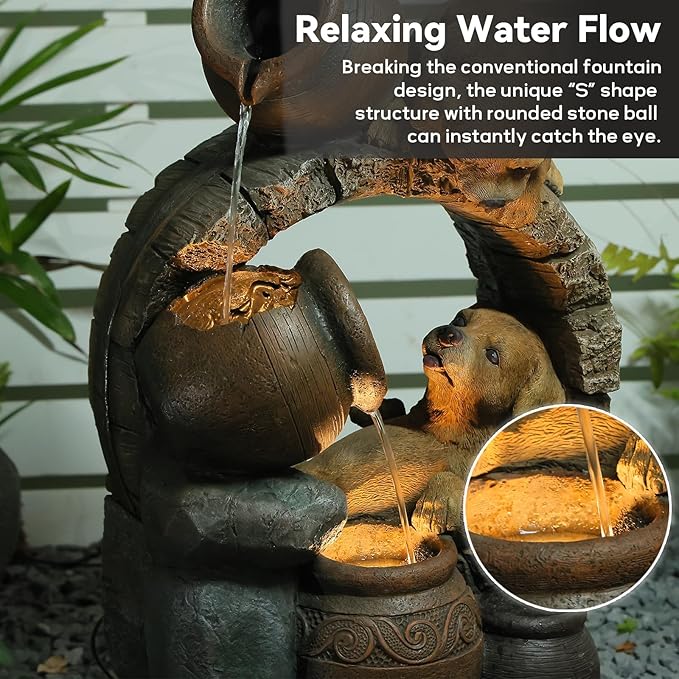 29''H Outdoor Garden Water Fountain,3 Tier Cascading Bowls Dog Waterfall Fountain with Lights for Garden, Patio, Backyard, Deck, Porch and Home Art Decor