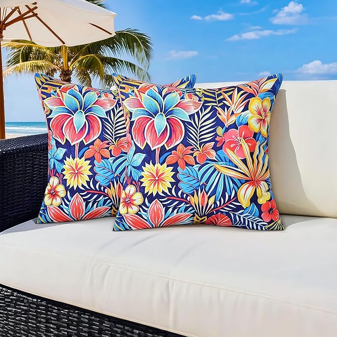 Outdoor Pillow Covers 18x18 Inch Set of 2 Tropical Floral Plants Boho Throw Pillows Cases Waterproof Square Garden Cushion Sham for Patio Funiture Tent Balcony Bench Sofa Couch, Blue