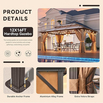 Aoxun Hardtop Gazebo, Aluminum Frame Permanent Pavilion with Netting and Curtains, Outdoor Polycarbonate Double Roof Canopy, Designed for Lawn, Garden, Patio (Brown, 12'x16' with Ground Anchor)