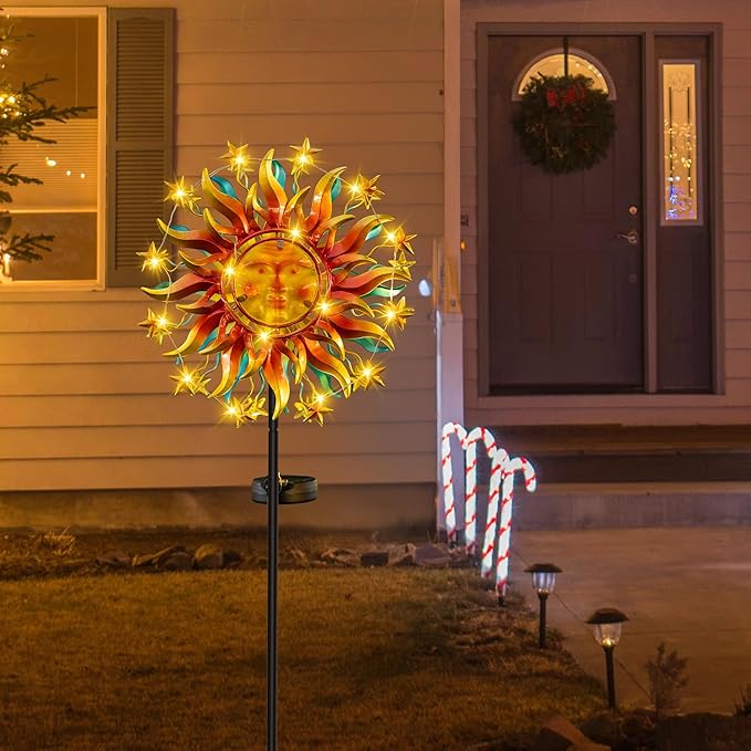 Solar Wind Spinners for Yard Garden - 60.3 Inch 360° Metal Sun Wind Sculptures Outdoor Clearance Kinetic Windmills with Vine String Shining LED Lights for Patio, Lawn Xmas Garden Decoration