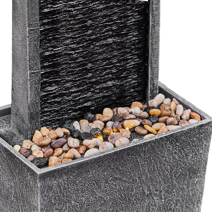 Teamson Home 38.5" Faux Slate Contemporary Outdoor LED Waterfall Fountain with Pebble Base, Gray/Black