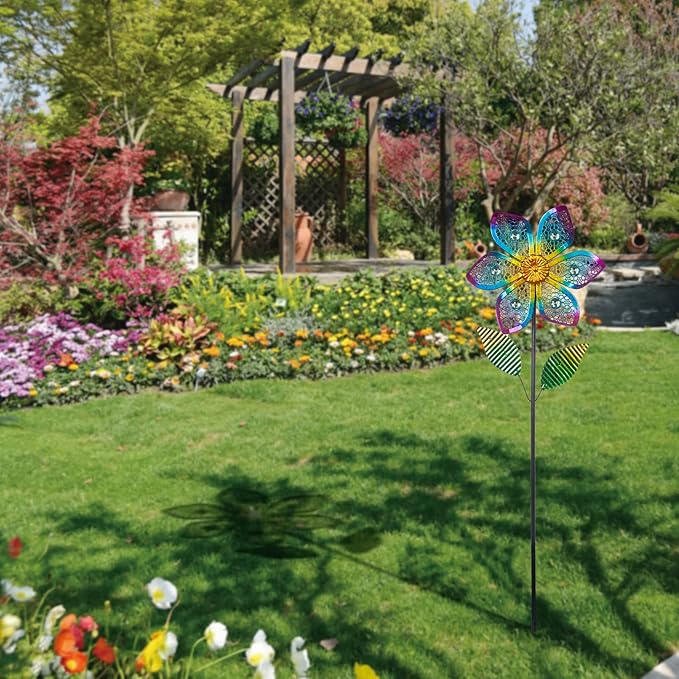 Wind Spinner with Metal Stake, Outdoor Garden Pinwheels Spinners Hollow-Out Flower Shape Design for Yard Lawn Patio Decor