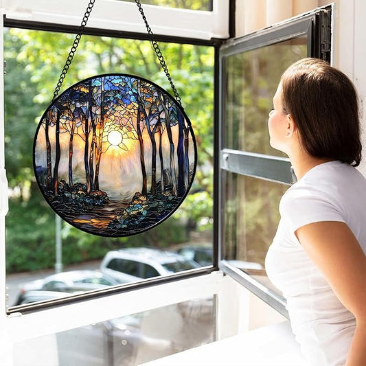 Stained Glass Window Hanging, Forest Sunrise Smoke Blue Brown Tree Suncatcher for Doors Window Home Landscape Sun Catchers Decor Mother's Day Birthday Gifts for Women, Men Mom 9.8 in