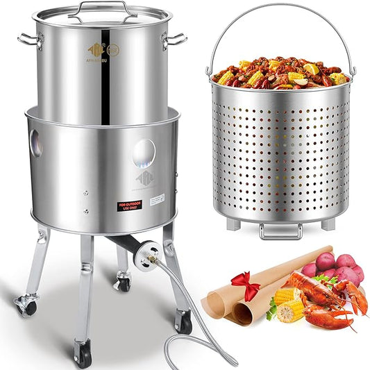 ARC 64QT Seafood Boiling Kit, 200,000BTU Stainless Steel Propane Burner And Crawfish Boil Pot With Strainer, Wheeled Legs and 360°Windscreen For Outdoors Cooking and Steaming, Large Turkey Fryer Pot