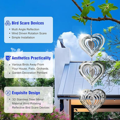 9 Heart Bird Scare Discs Set-Highly Reflective Double-Sided Bird Reflectors, Stainless Steel Wind Spinner with 360° Rotating Hook, Mirrored Wind Chime Decor for Yards, Gardens, Balconies & Orchards