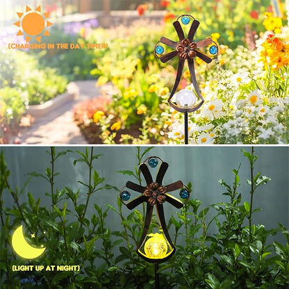 VCUTEKA Solar Garden Lights Cemetery Metal Flower Decor Colorful Solar Pathway Light with LED Cracked Crystal Ball Outdoor Decorative Stake for Patio Yard Lawn Garden Decor (Cross)
