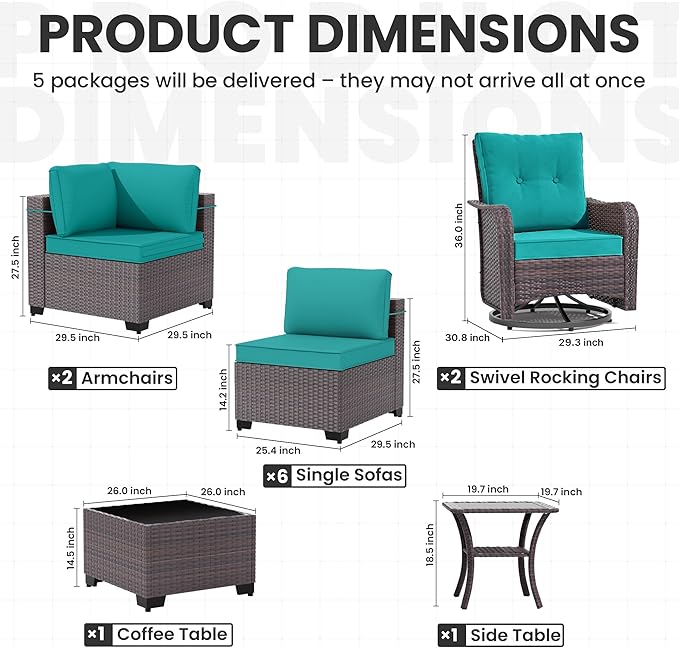 12 Pcs Outdoor Patio Furniture Set Outdoor Furniture All Weather Patio Sectional Sofa PE Wicker Modular Conversation Sets with Coffee Table, Swivel Rocking Chair (Turquoise)