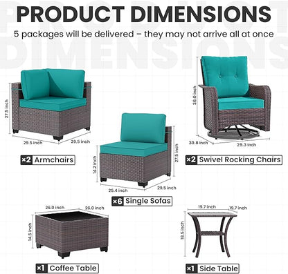 12 Pcs Outdoor Patio Furniture Set Outdoor Furniture All Weather Patio Sectional Sofa PE Wicker Modular Conversation Sets with Coffee Table, Swivel Rocking Chair (Turquoise)