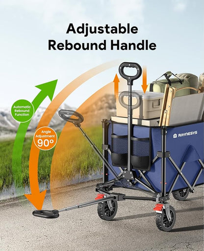 Wagon Carts Foldable, 180L Collapsible Foldable Wagon with 330lbs Weight Capacity, Heavy Duty Utility Cart with Drink Holders and Brakes for Beach Camping Shopping Sports Wheelbarrows, Blue