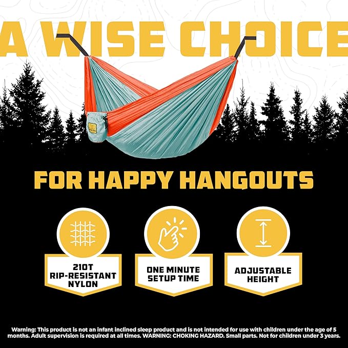 Wise Owl Outfitters Camping Hammock – 500lbs Portable Hammock with Tree Straps - Travel, Backpacking, Hiking, Outdoors Camping Gear - Single or Double