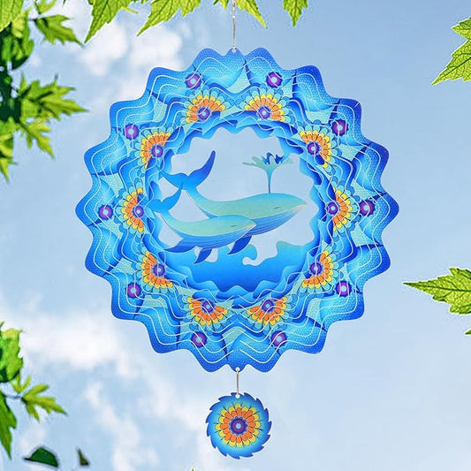 Whale Wind Spinners Garden Yard Decor Gift for Women Men, 12 Inch Outdoor Metal 3D Wind Spinner, Stainless Steel Hanging Wind Catchers Kinetic Sculpture for Outside Decoration