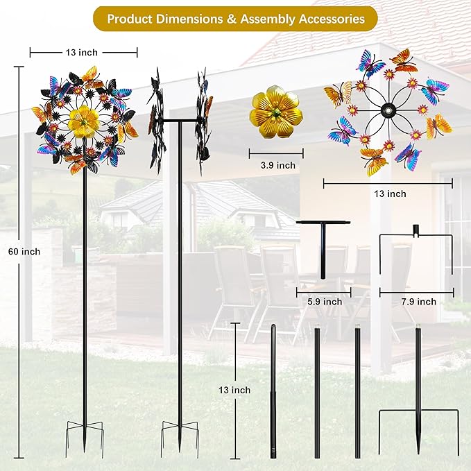 Double Blade Butterfly Wind Spinners, Outdoor Garden 360° Swivel Spinners 50 inch Garden Stakes Decor, Metal Flower Pinwheels for Yard and Lawn