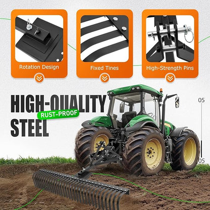 KUAFU 60" Landscape Rake, 3 Point Rake 360 Rotation Compatible with Category 1 Cat1 Compact Tractors Tow-Behind Garden Tool for Garden, Farm, Clearing Brush, Raking Arenas 2 Package Black